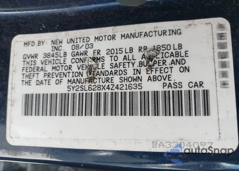 2004 Pontiac Vibe z USA, uszkodzony, nr VIN 5Y2SL628X4Z421635